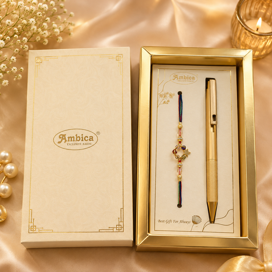 Premium AD Star Rakhi with Pen Gift Box | Heavy Metal Charm | Designer Rakhi Gift Set
