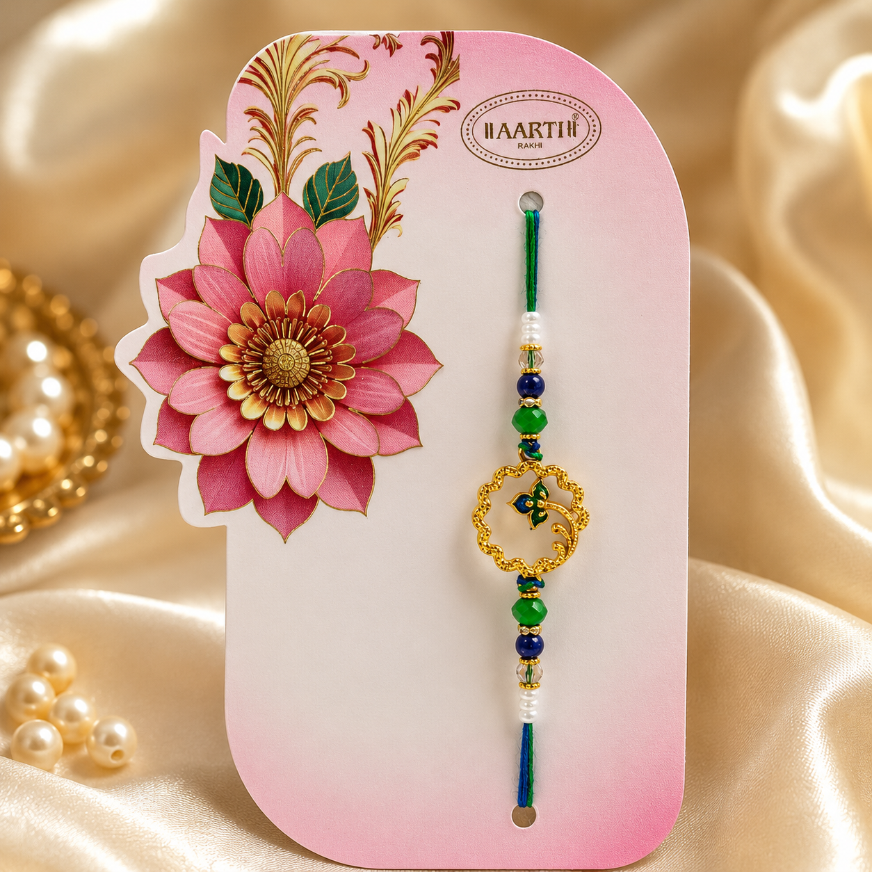 Floral Designer Rakhi | Premium Gold Metal Charm Rakhi | Elegant Beaded Rakhi