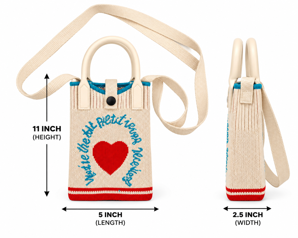 Cute Knitted Sling Bag for Girls | Handbag with Adjustable Shoulder Strap & Top Handle | Stylish Printed Mini Bag