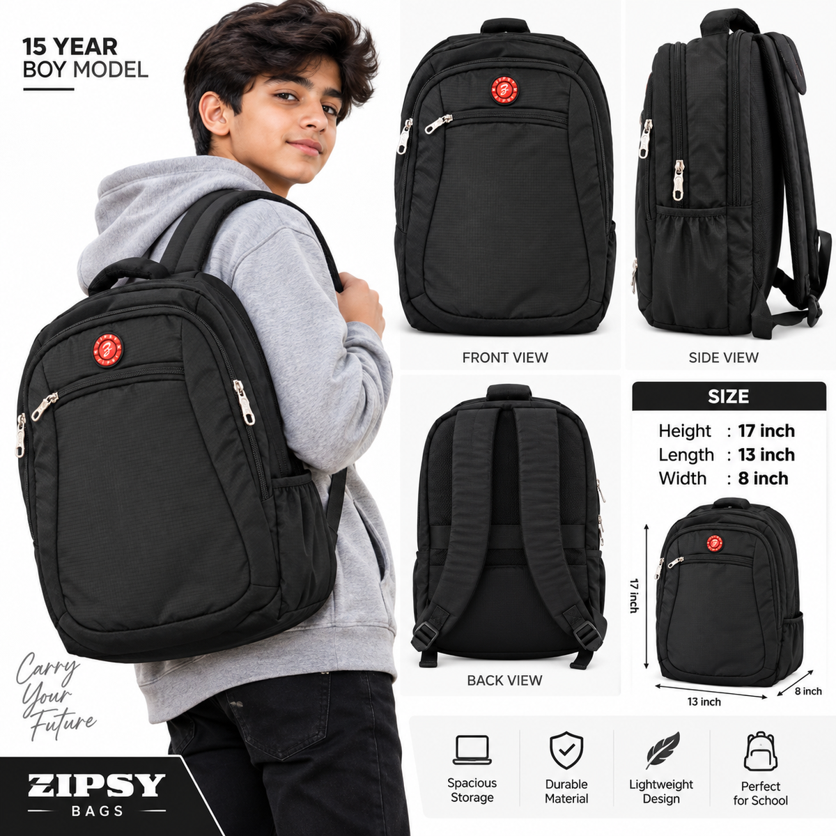 Zipsy Sport Backpack for School, College & Travel | 4 Zipper Backpack with 2 Side Bottle Pockets & Rain Cover
