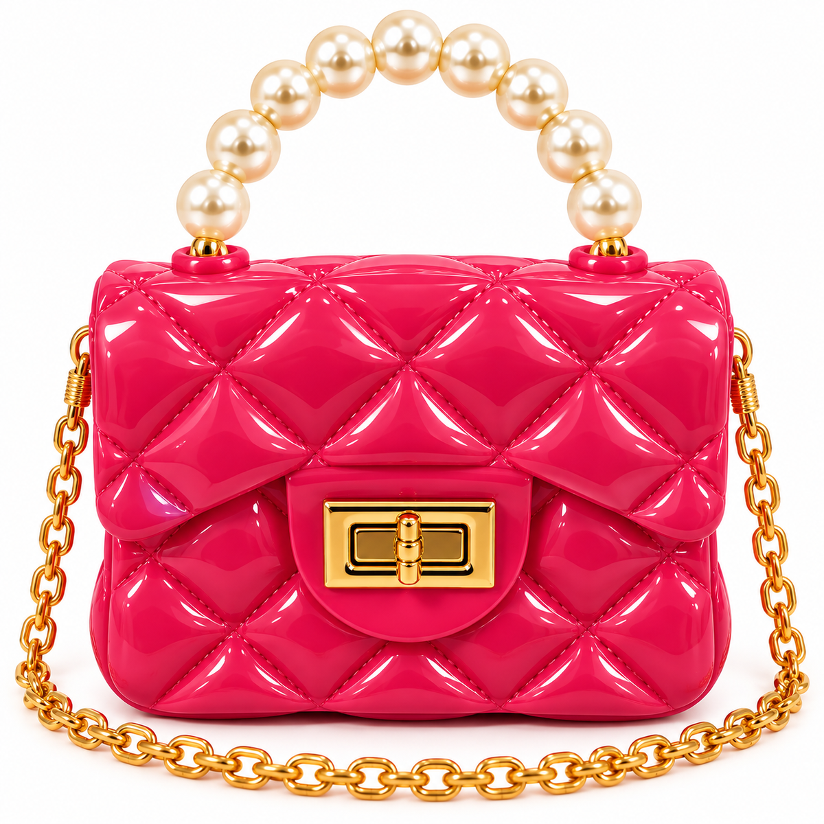 Girls Quilted Sling Bag with Pearl Handle & Gold Chain | Stylish Mini Shoulder Bag for Party & Casual Use