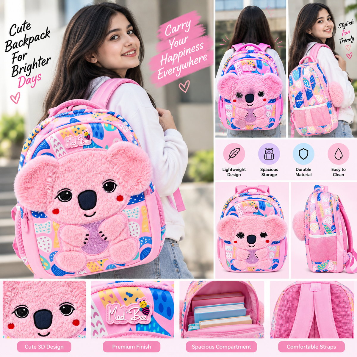 Cute Koala Design School Backpack for Girls | 3 Zipper School Bag with 2 Side Bottle Pockets | Cute Pink Printed Backpack