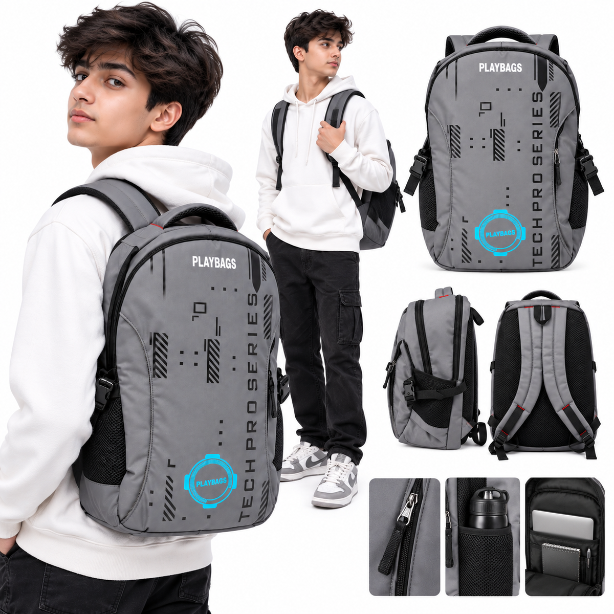 Playbags Stylish Backpack | Spacious Multi-Compartment Backpack with 2 Side Bottle Pockets
