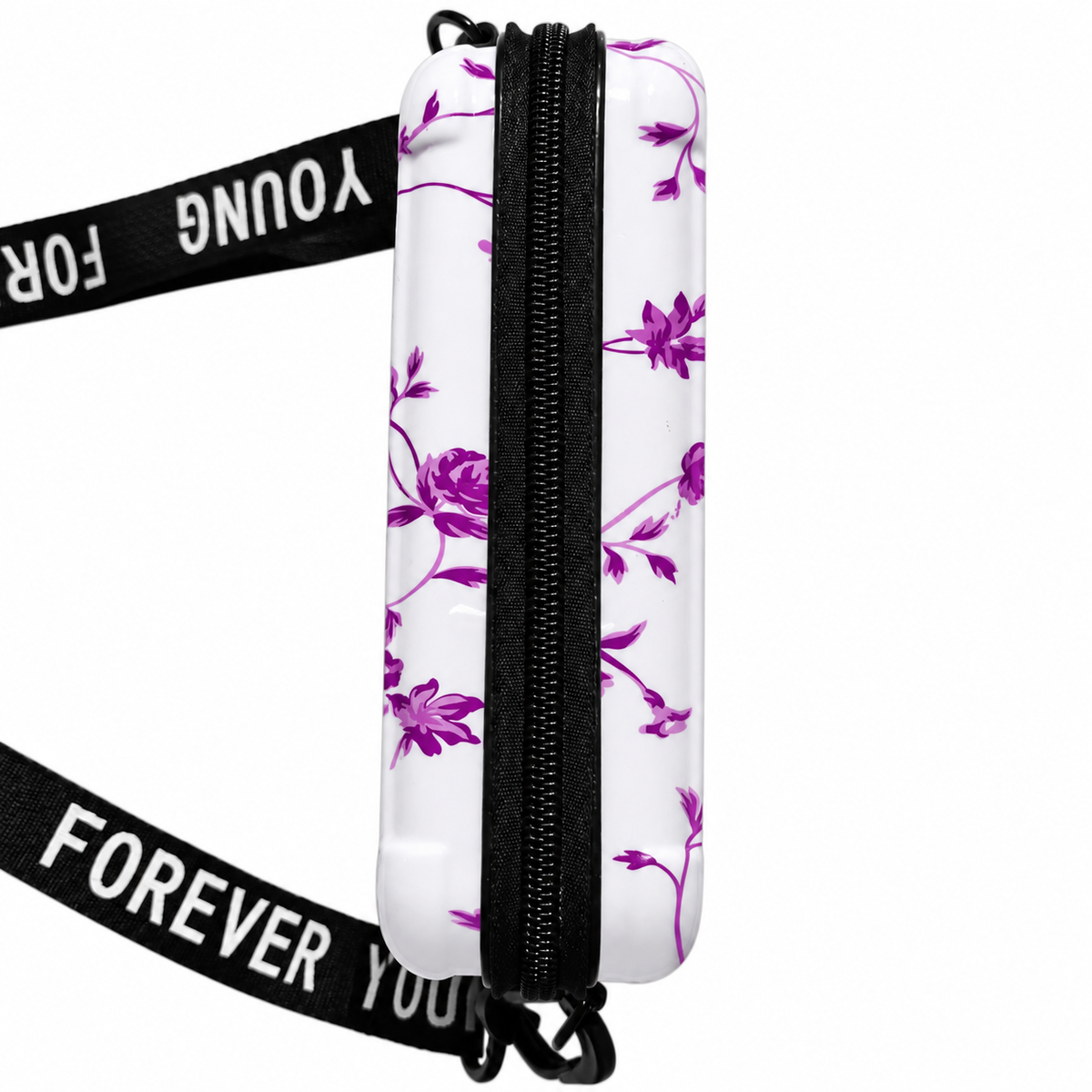 floral hard shell crossbody sling bag with adjustable strap and zip closure