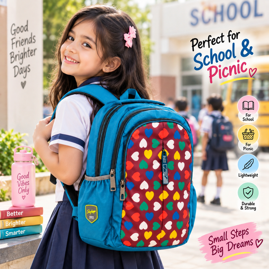Blue School Backpack with 4 Zipper Compartments, Front Heart Print, Side Bottle Pockets &amp; Air Mesh Back – School &amp; Picnic Bag