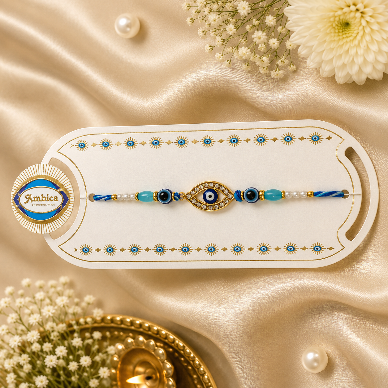 Premium Evil Eye Leaf AD Rakhi | Nazar Protection Designer Rakhi | Blue Bead Rakhi