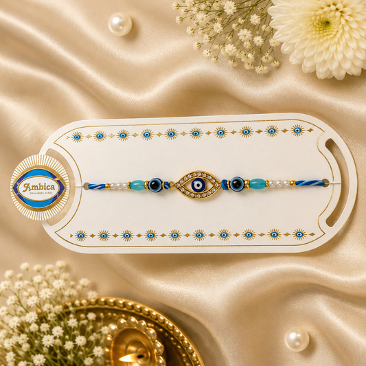 Premium Evil Eye Leaf AD Rakhi | Nazar Protection Designer Rakhi | Blue Bead Rakhi