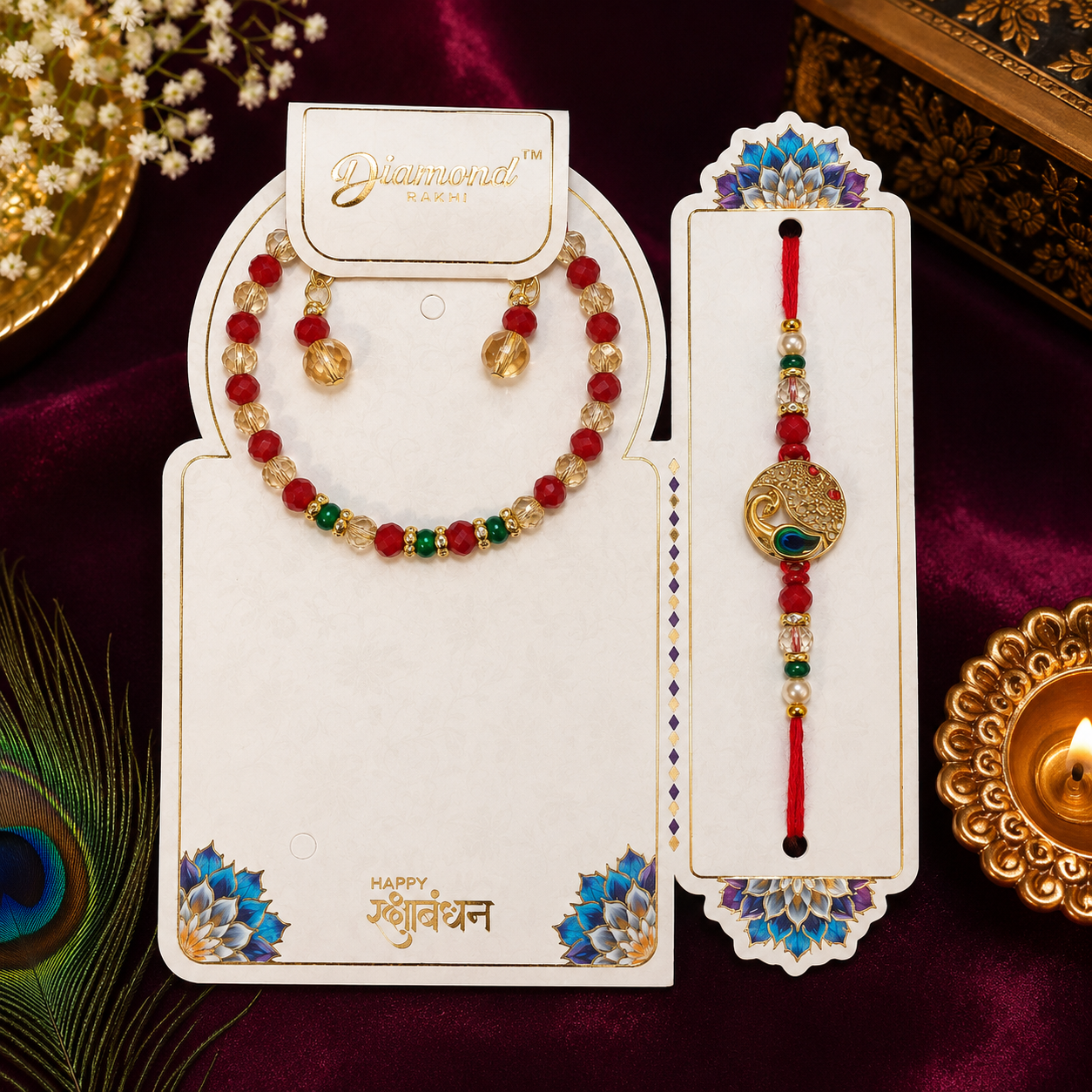 Bhai Bhabhi Rakhi Set with Heavy Metal Pendant & Beaded Bracelet
