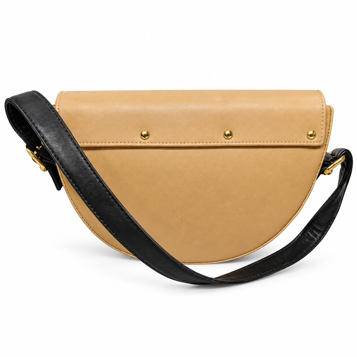 Elegant Tan & Black Saddle Sling Bag with Flap Design & Gold-Tone Details for Women & Girls