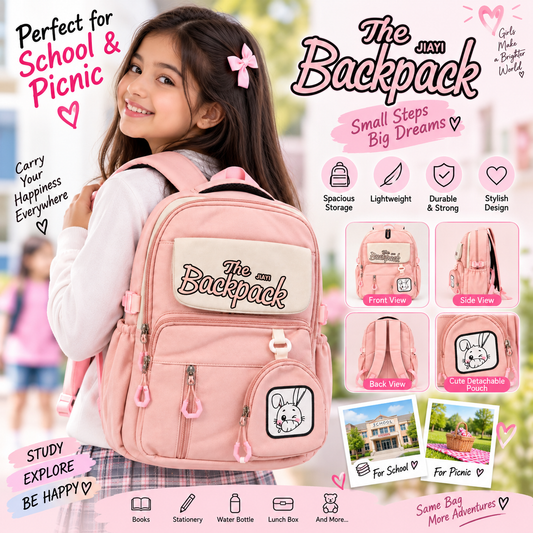 Girls School & Picnic Bag with Multiple Zipper Compartments, Side Pockets &amp; Detachable Cute Pouch – Stylish School & Picnic Bag