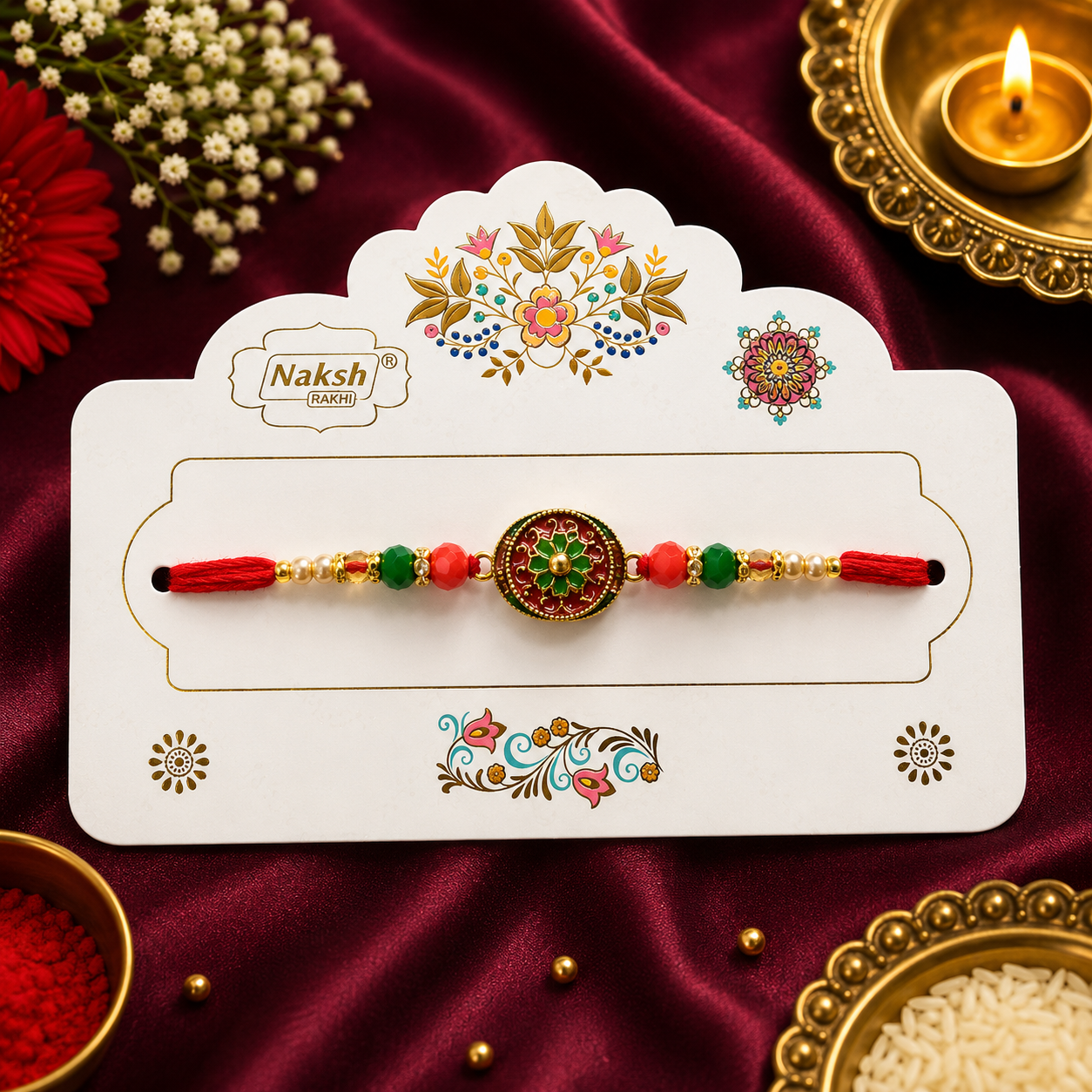 Premium Designer Rakhi for Brother - Elegant Red & Green Rakhi