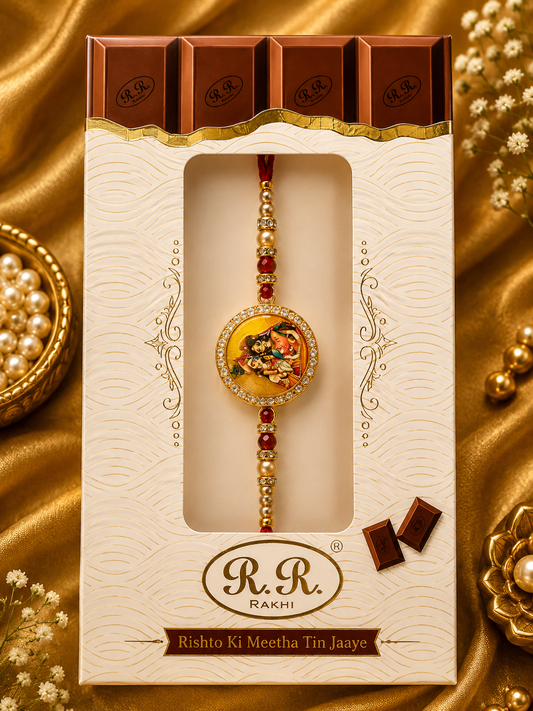 Premium Radha Krishna Rakhi Gift Set for Brother – AD Stone Rakhi Choclate shape gift box