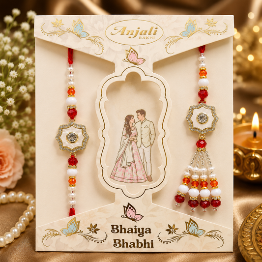 Elegant AD Bhaiya Bhabhi Lumba Rakhi Set with Handcrafted Thread