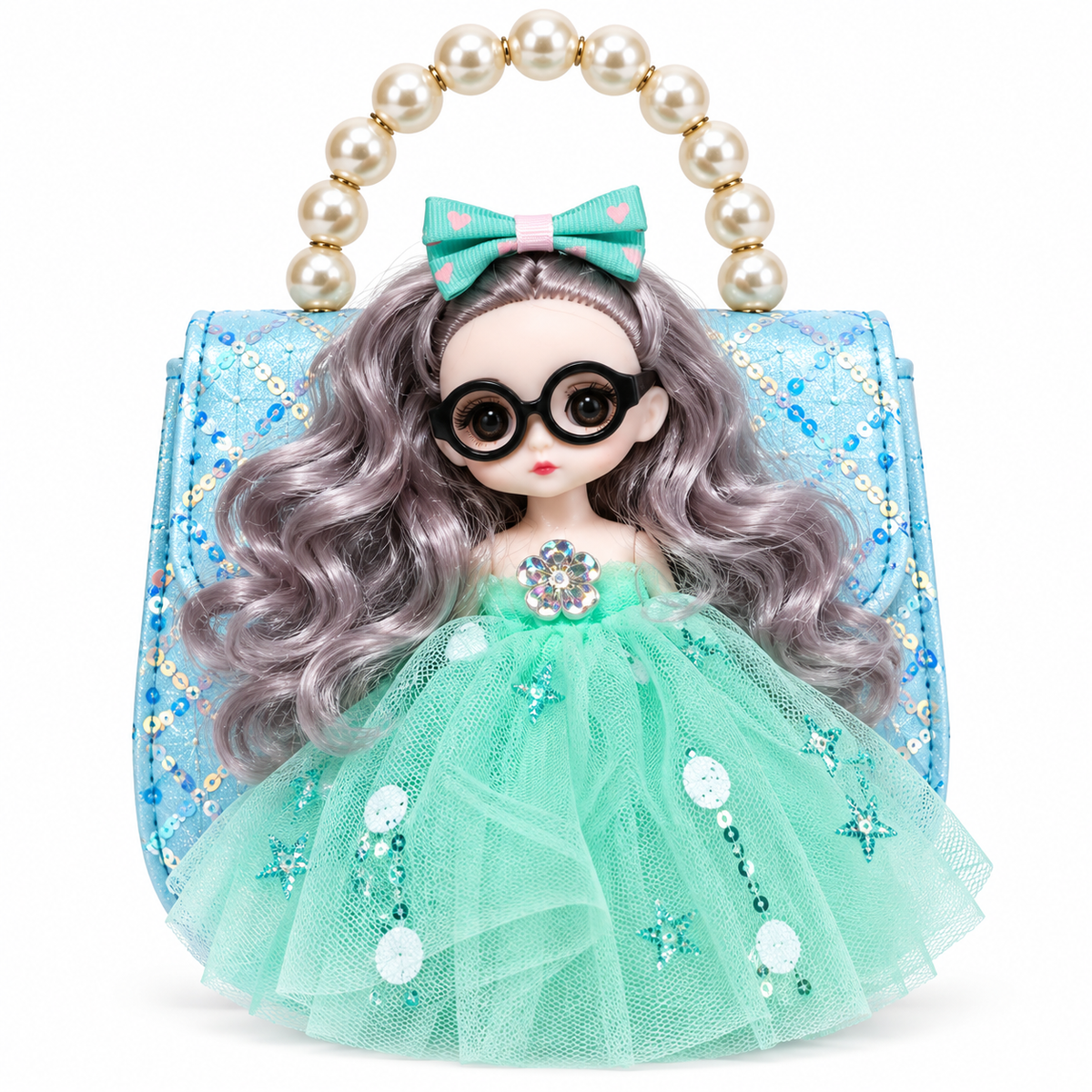 Girls Doll Sling Bag with Pearl Handle & Adjustable Shoulder Strap | Cute Sequin Party Purse for Kids
