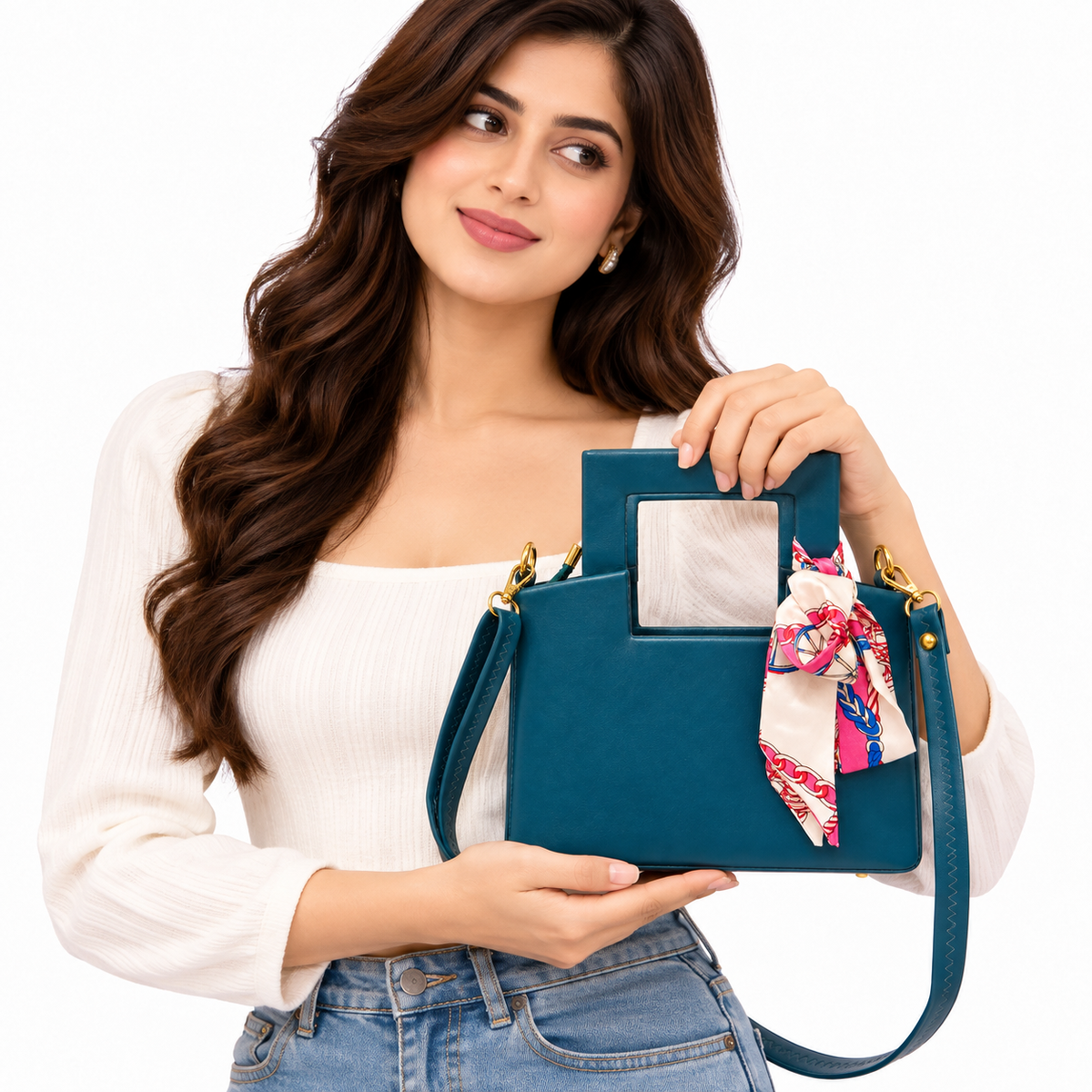 Elegant Blue Structured Handbag with Scarf Detail | Stylish Premium Fashion Bag