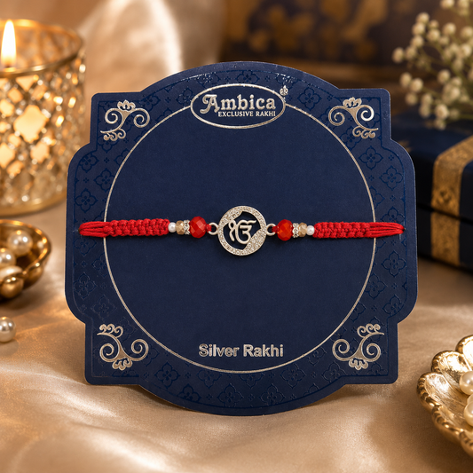Elegant Silver Khanda Symbol Rakhi | AD Designer Raksha Bandhan Special