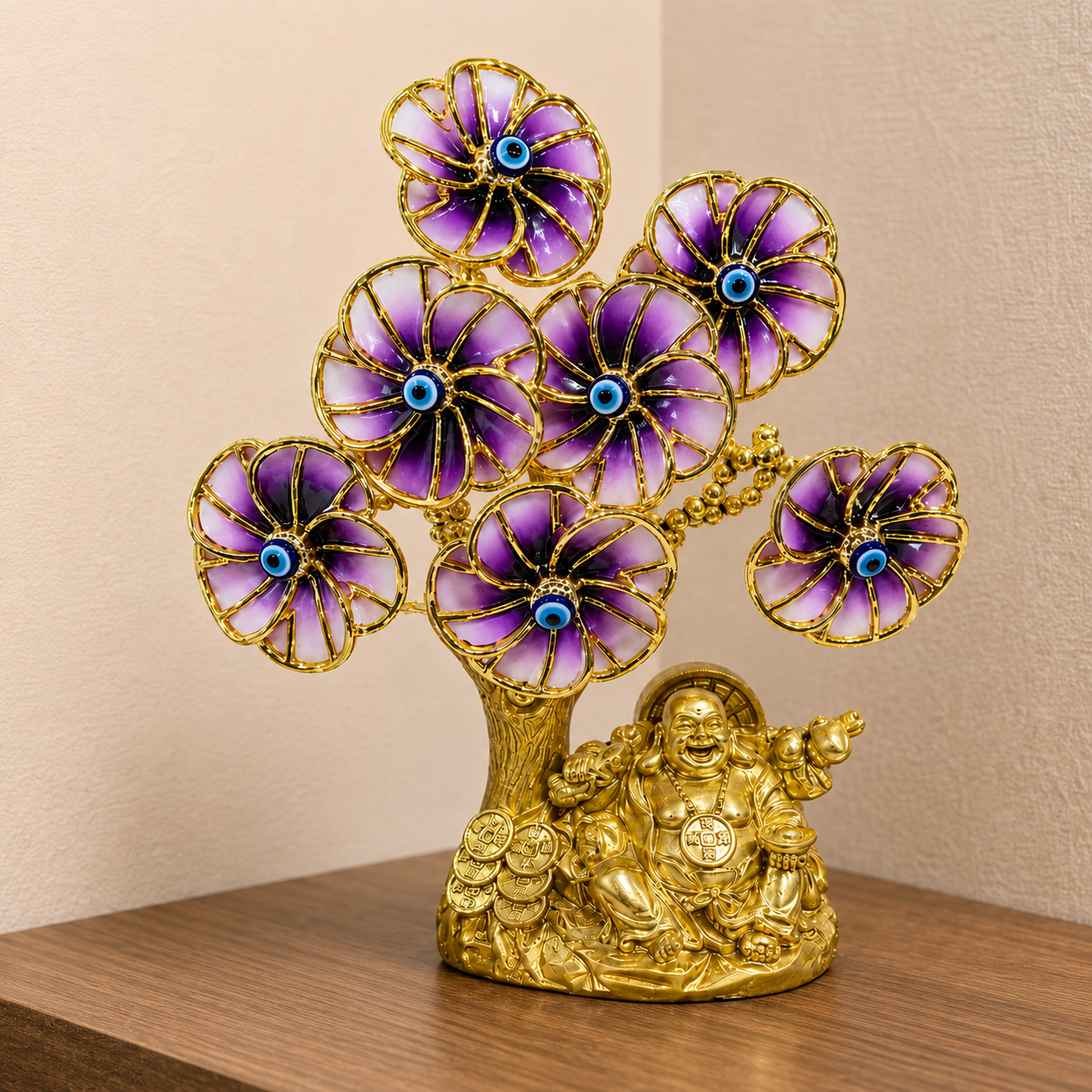 Luxury Golden Laughing Buddha Evil Eye Crystal Tree | For Home Decor