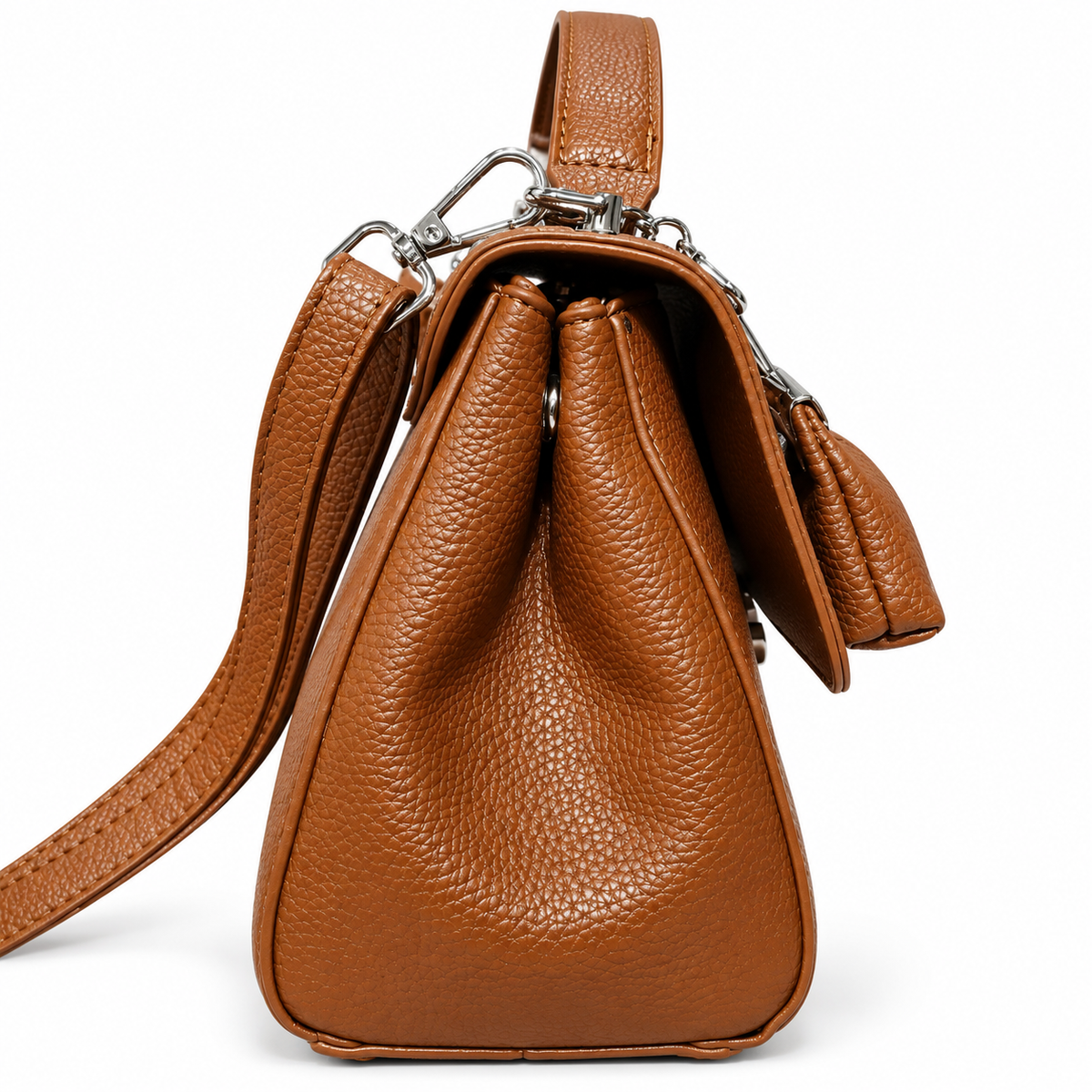 Elegant Brown Textured Handbag with Long Shoulder Strap & Mini Pouch