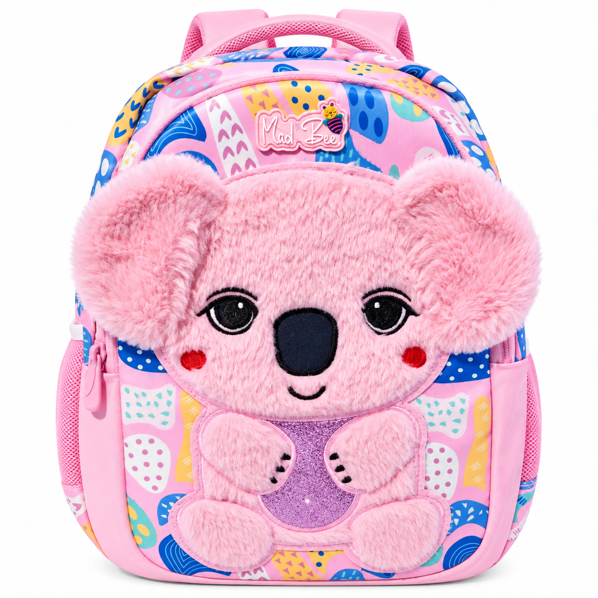 Cute Koala Design School Backpack for Girls | 3 Zipper School Bag with 2 Side Bottle Pockets | Cute Pink Printed Backpack