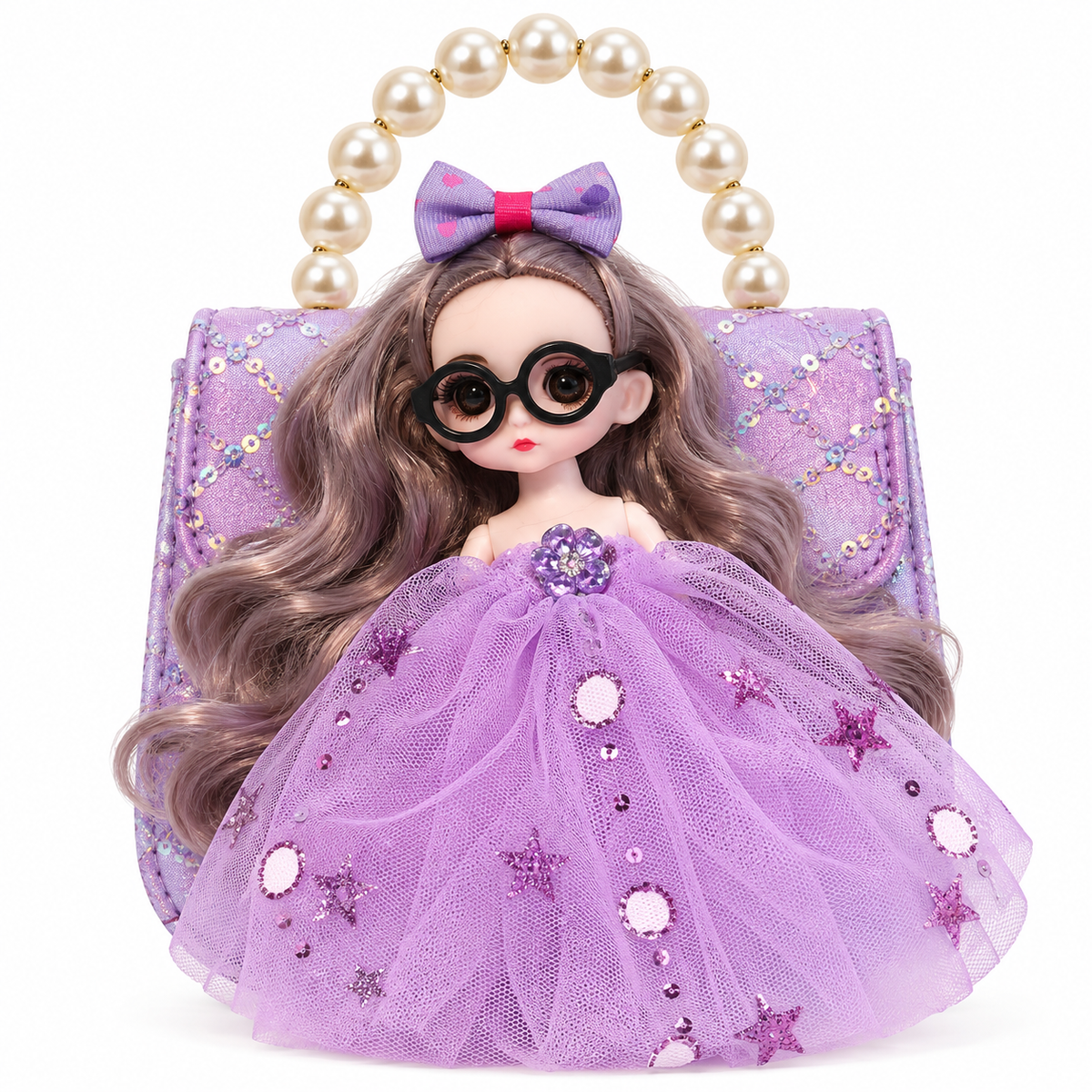 Girls Doll Sling Bag with Pearl Handle & Adjustable Shoulder Strap | Cute Sequin Party Purse for Kids