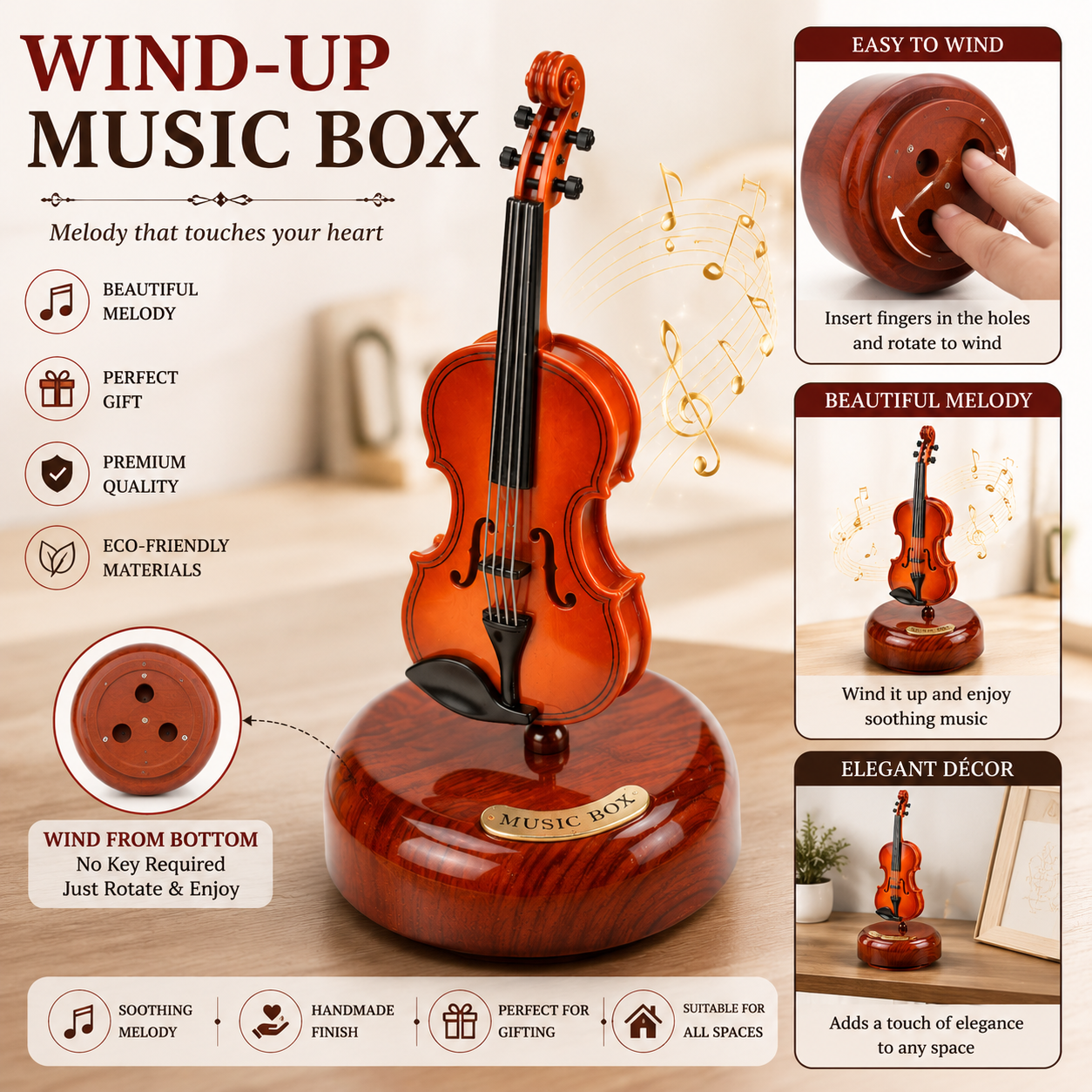 Premium Violin Wind-Up Music Box Wooden Design Showpiece