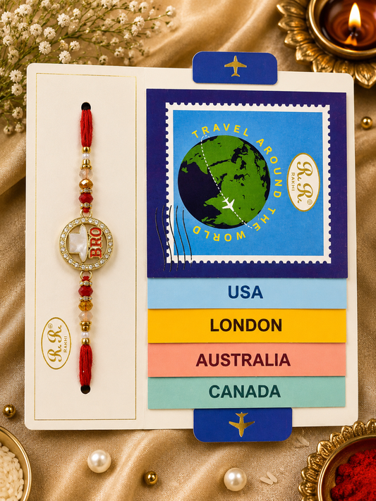 Premium AD Mother of Pearl Travel Theme BRO Rakhi for Brother - Designer Raksha Bandhan Rakhi