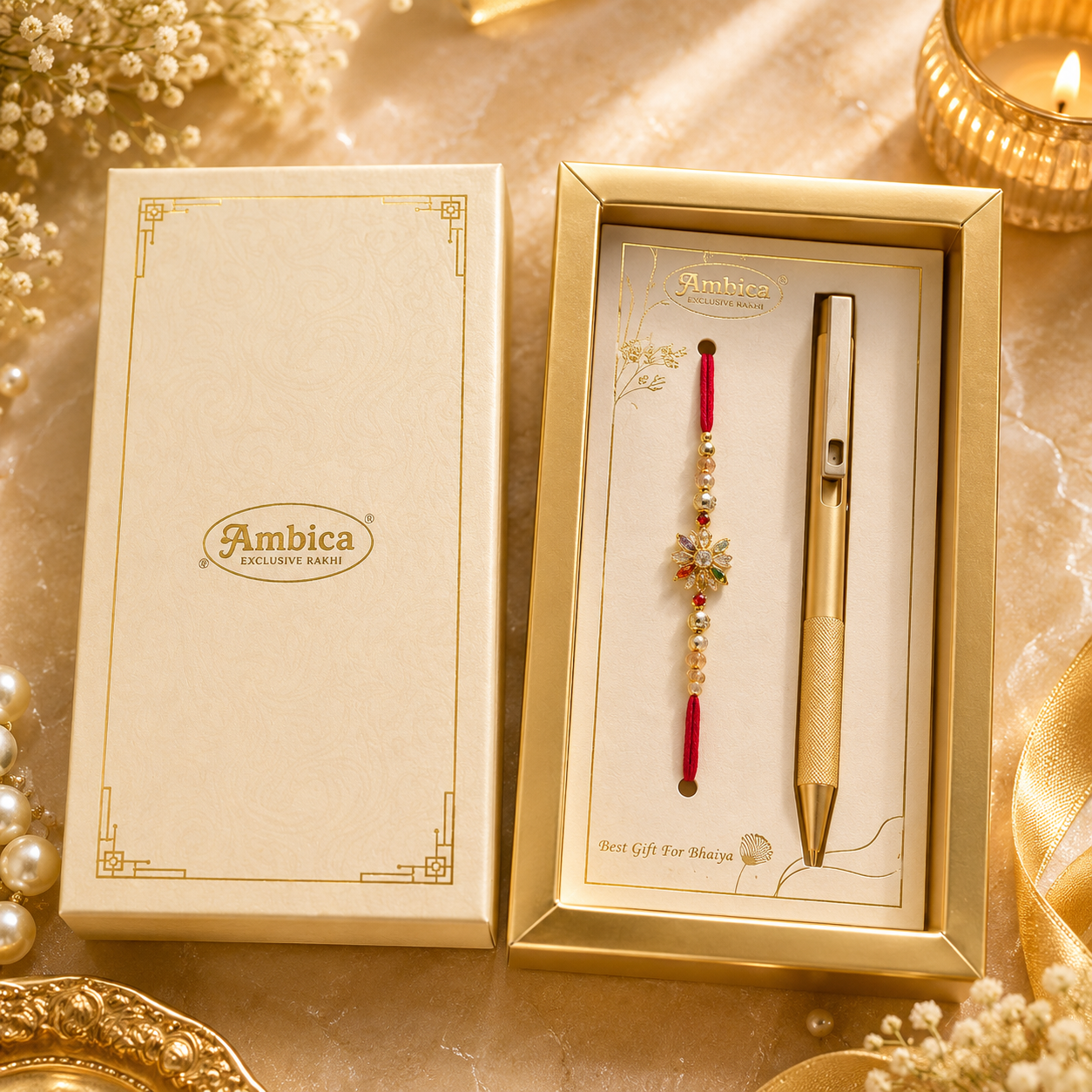Premium AD Flower Rakhi with Pen Gift Box | Heavy Metal Charm |Designer Rakhi Gift Set
