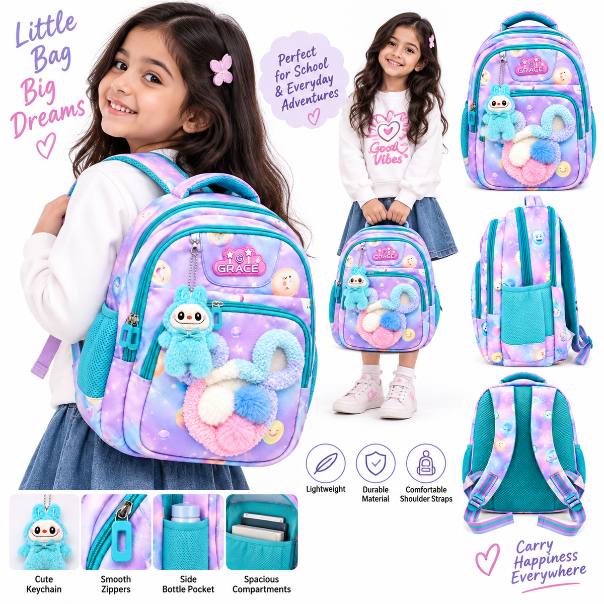 Girls School Backpack | Cute Stylish Spacious Backpack with Plush Keychain | Lightweight Backpack with Side Bottle Pockets