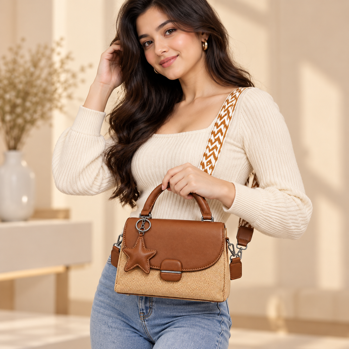 Elegant Brown & Beige Handbag with Star Charm, Top Handle & Printed Adjustable Strap