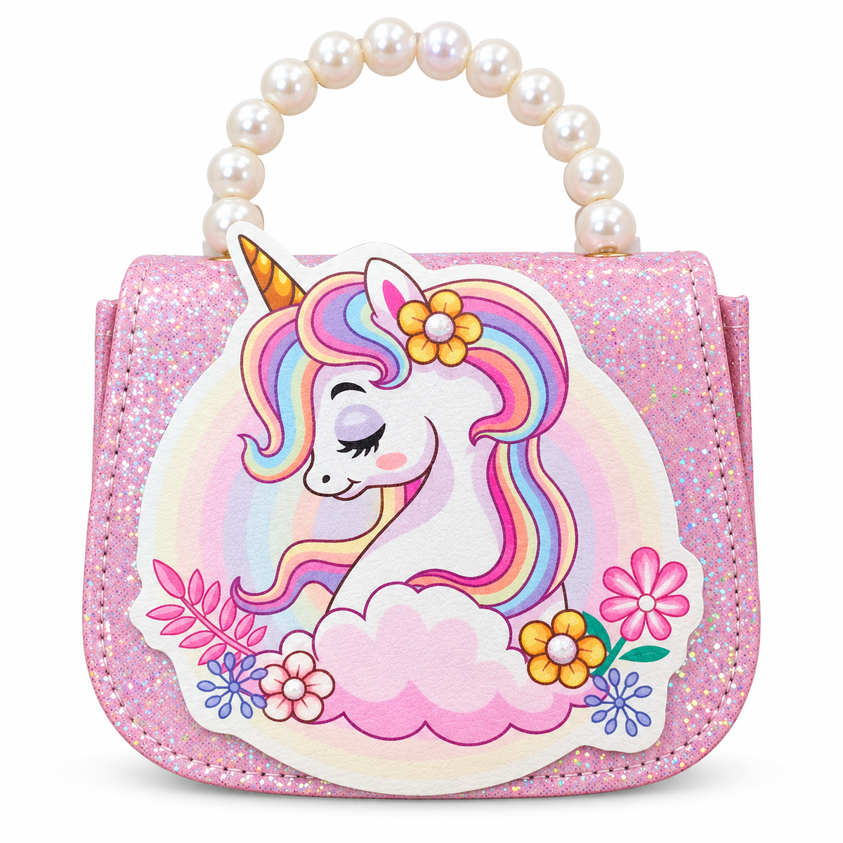 Girls Unicorn Sling Bag for Kids | Glitter Sequin Purse with Pearl Handle & Chain Strap | Cute Party Crossbody Bag