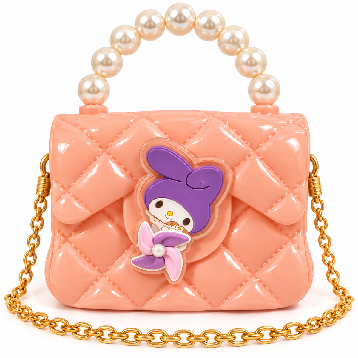 Girls Quilted Sling Bag with Pearl Handle & Gold Chain | Stylish Mini Shoulder Bag for Party & Casual Use
