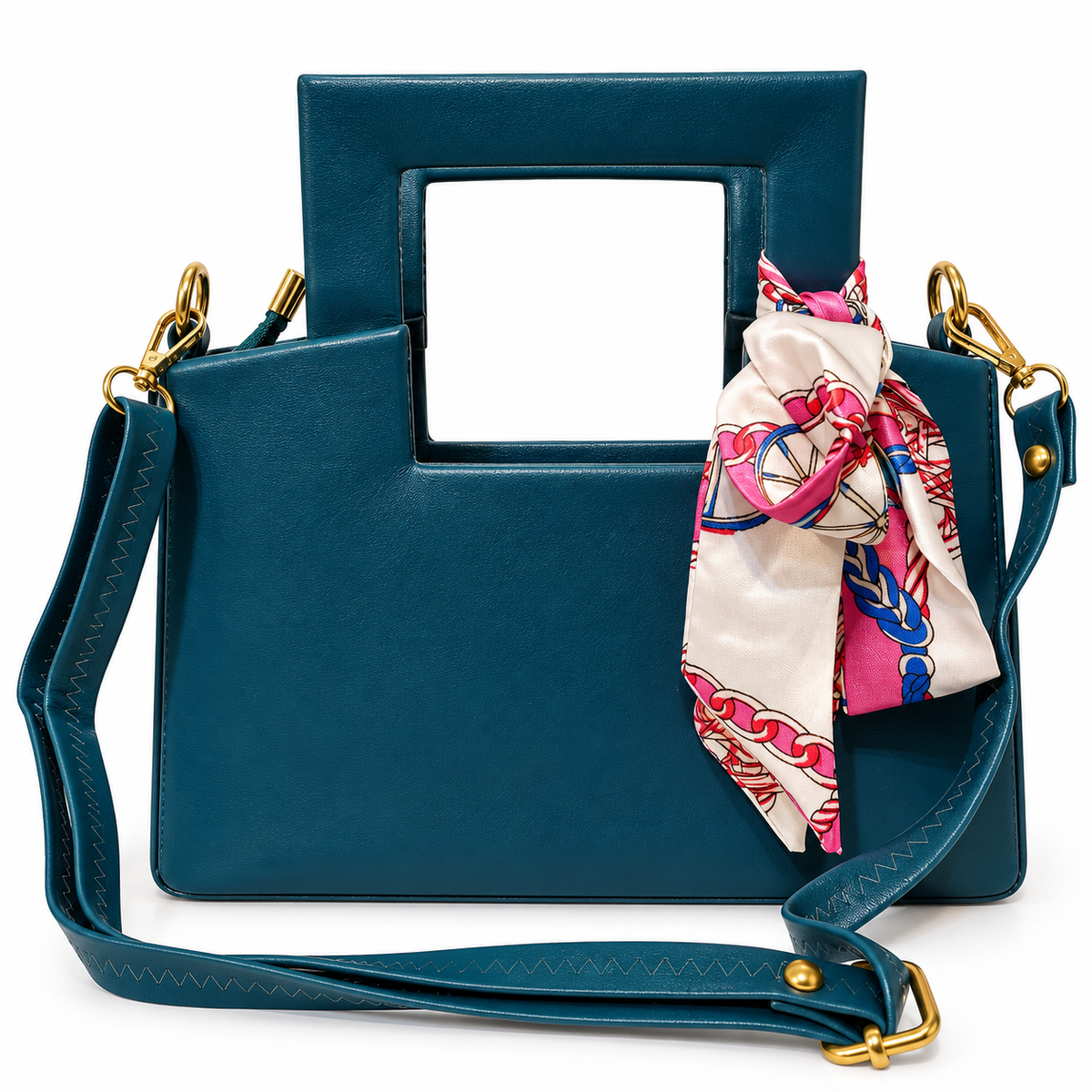 Elegant Blue Structured Handbag with Scarf Detail | Stylish Premium Fashion Bag