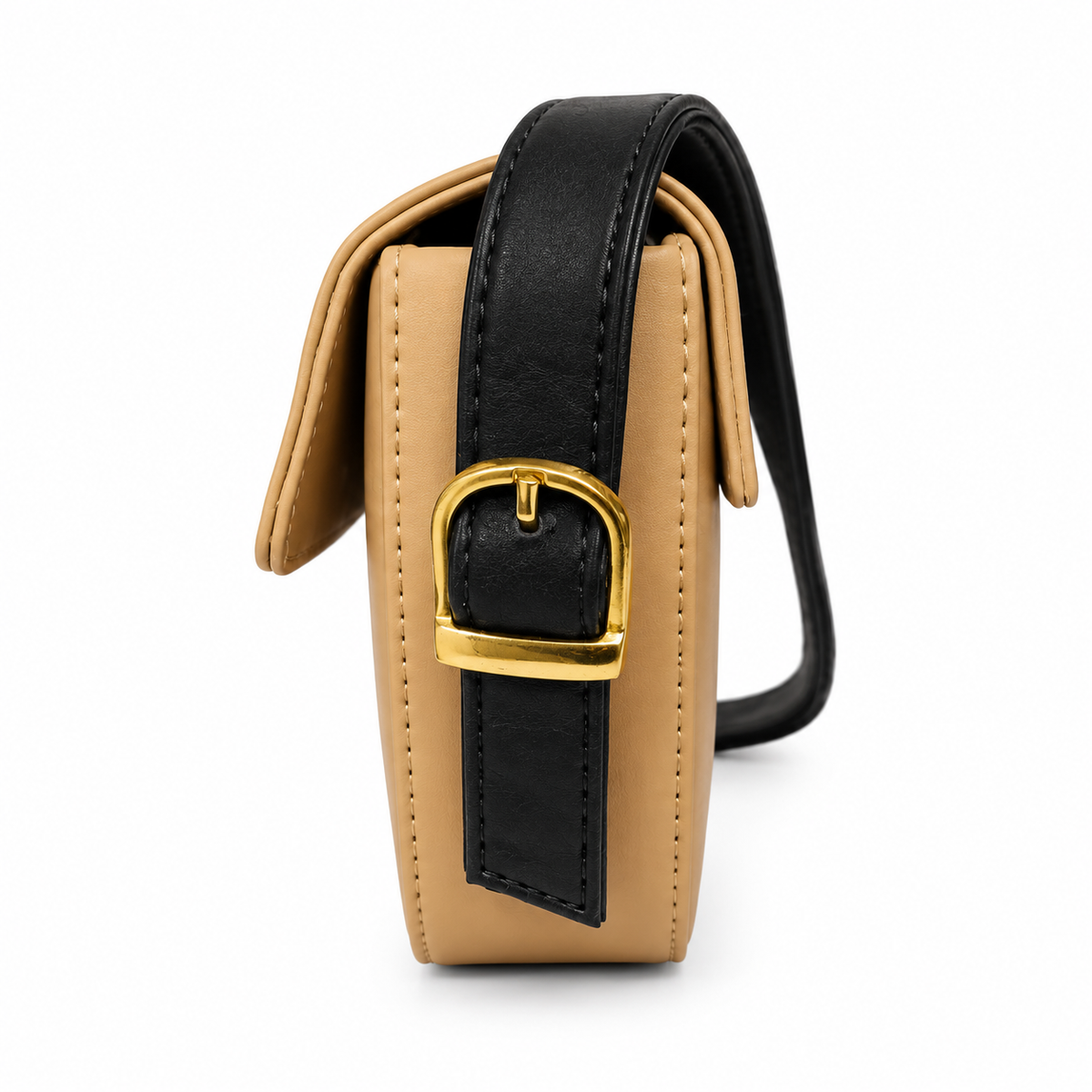 Elegant Tan & Black Saddle Sling Bag with Flap Design & Gold-Tone Details for Women & Girls