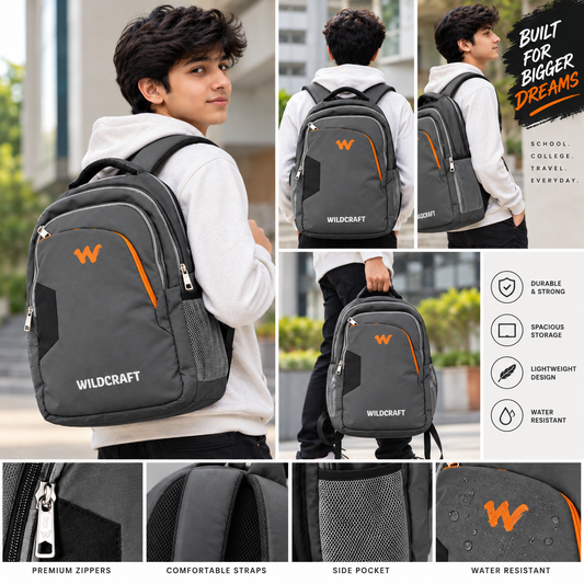 Wildcraft Laptop Backpack for Men &amp; Women | 3 Zipper Backpack with 2 Side Bottle Pockets | Spacious Travel &amp; College Bag
