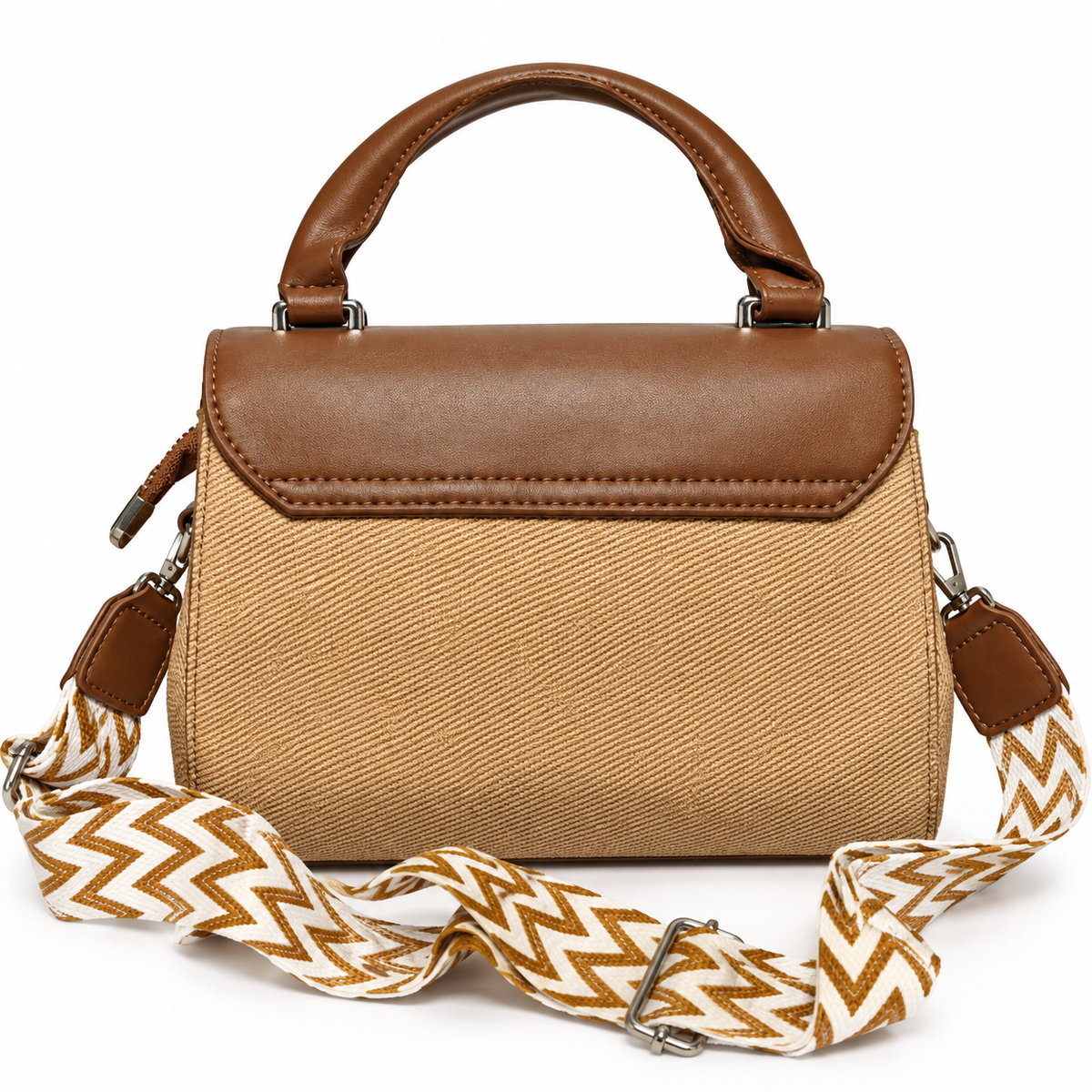 Elegant Brown & Beige Handbag with Star Charm, Top Handle & Printed Adjustable Strap