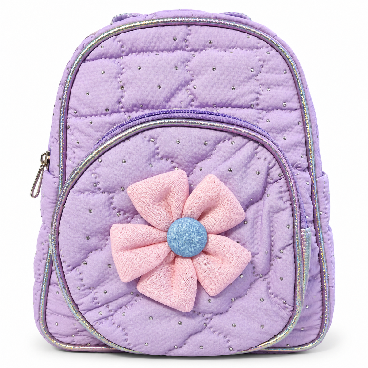 Girls Kids Backpack | 2 Zipper Stylish Quilted School Bag | Cute Purple Glitter Backpack with Flower Design