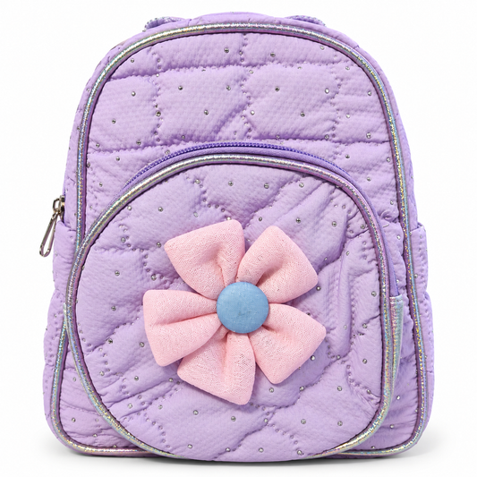 Girls Kids Backpack | 2 Zipper Stylish Quilted School Bag | Cute Purple Glitter Backpack with Flower Design