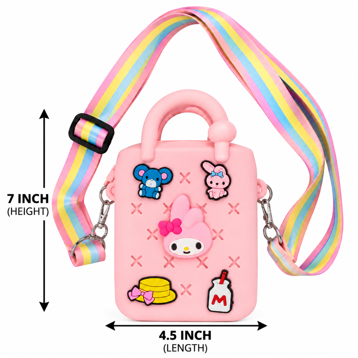 Kids Girls Mini Sling Bag | Cute Cartoon Printed Crossbody Bag with Adjustable Rainbow Strap & Top Handle