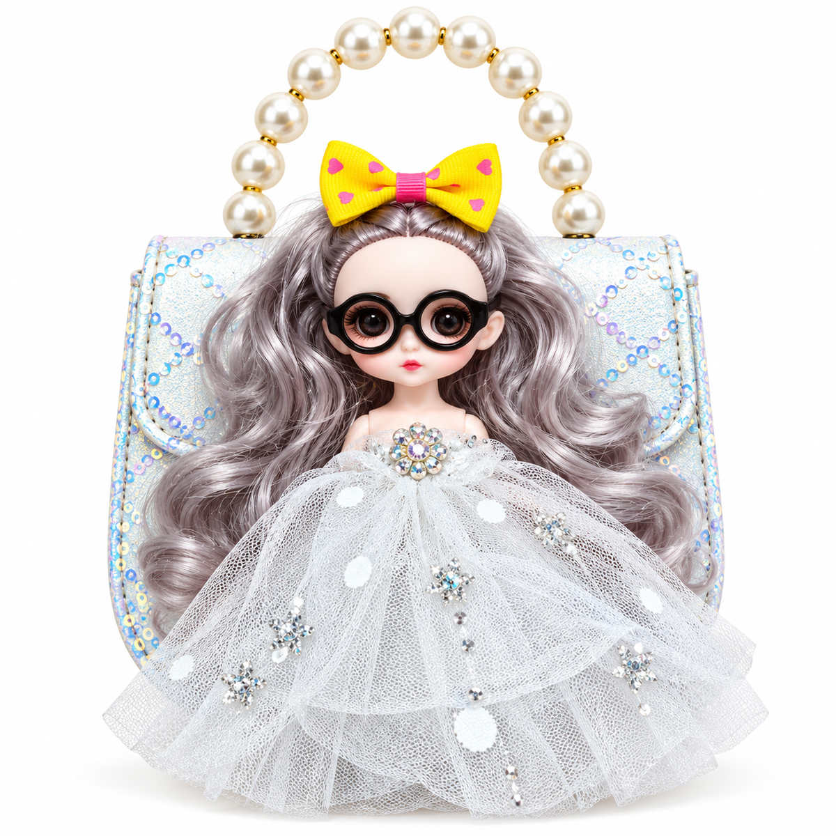 Girls Doll Sling Bag with Pearl Handle & Adjustable Shoulder Strap | Cute Sequin Party Purse for Kids