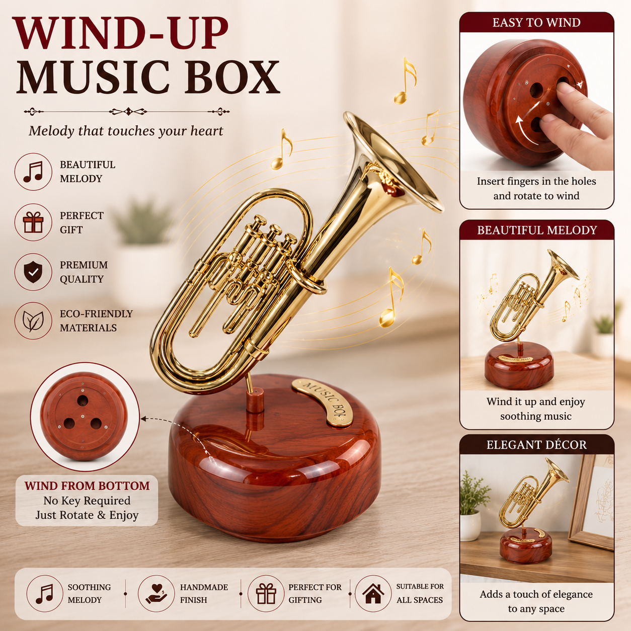 Premium Trumpet Wind-Up Music Box Wooden Design Showpiece