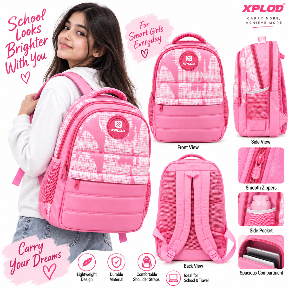 Girls School Backpack | Stylish Pink Backpack with Spacious Compartments | Lightweight Backpack with Side Bottle Pockets