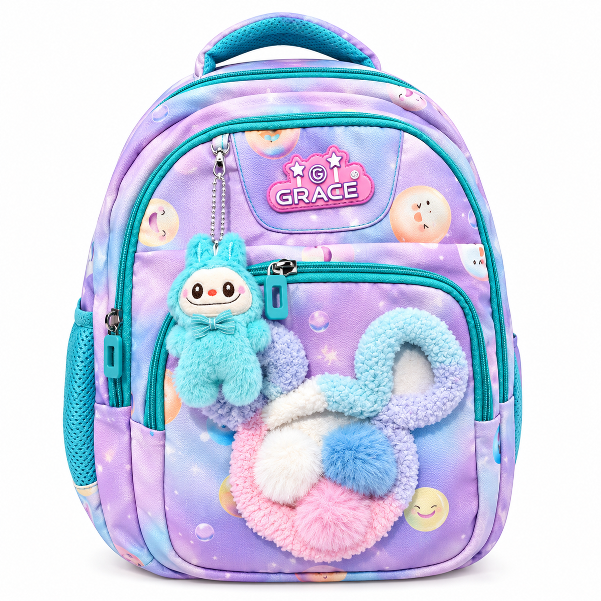 Girls School Backpack | Cute Stylish Spacious Backpack with Plush Keychain | Lightweight Backpack with Side Bottle Pockets