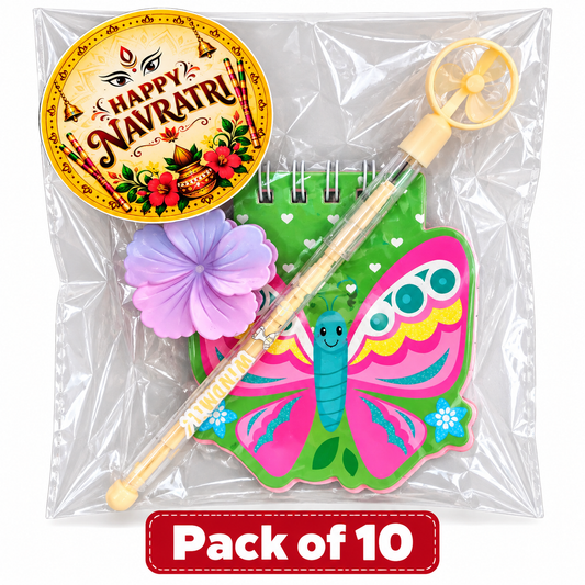Navratri Special Kids Gift Combo – Butterfly Diary, Fan Clutch Pencil & Mini Clutcher | Pack of 10
