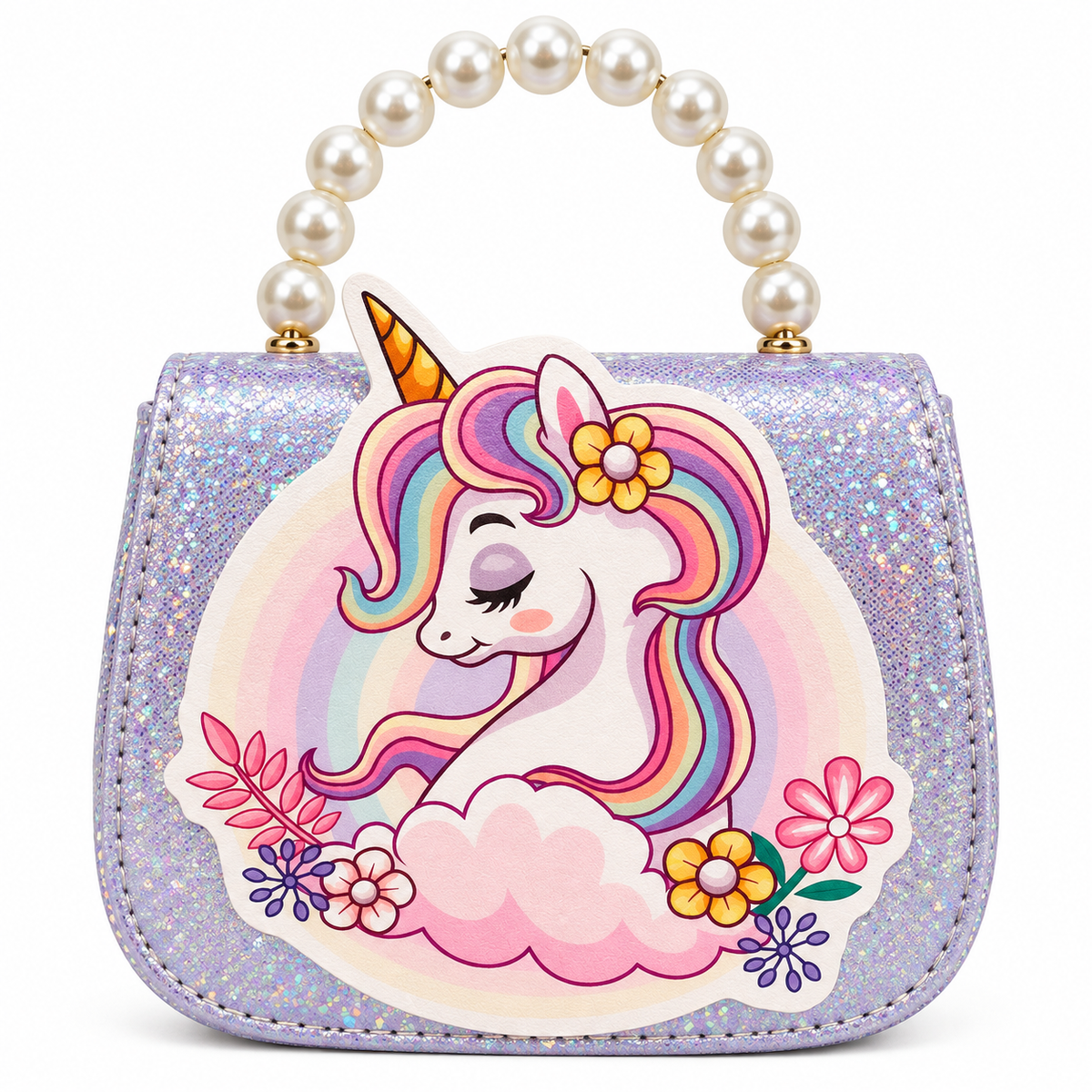 Girls Unicorn Sling Bag for Kids | Glitter Sequin Purse with Pearl Handle & Chain Strap | Cute Party Crossbody Bag
