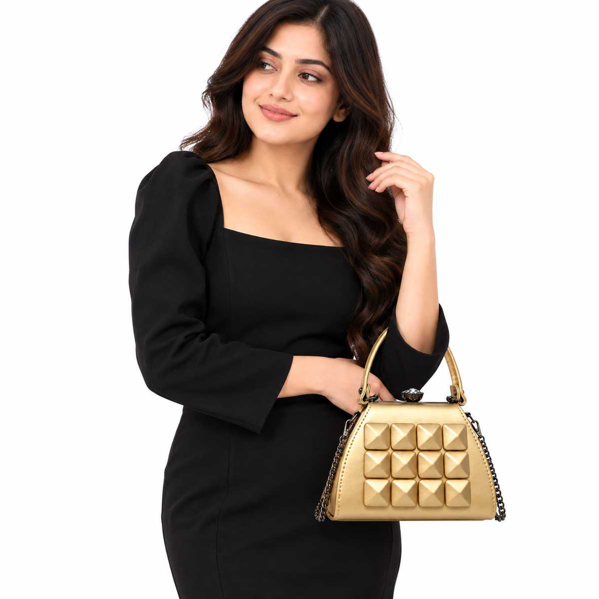 Elegant Gold Party Clutch with Chain Strap & Embellished Design Sling Bag / Handbag