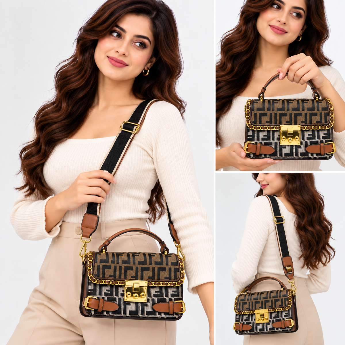 Stylish Black & Brown Geometric Pattern Handbag with Adjustable Shoulder Strap