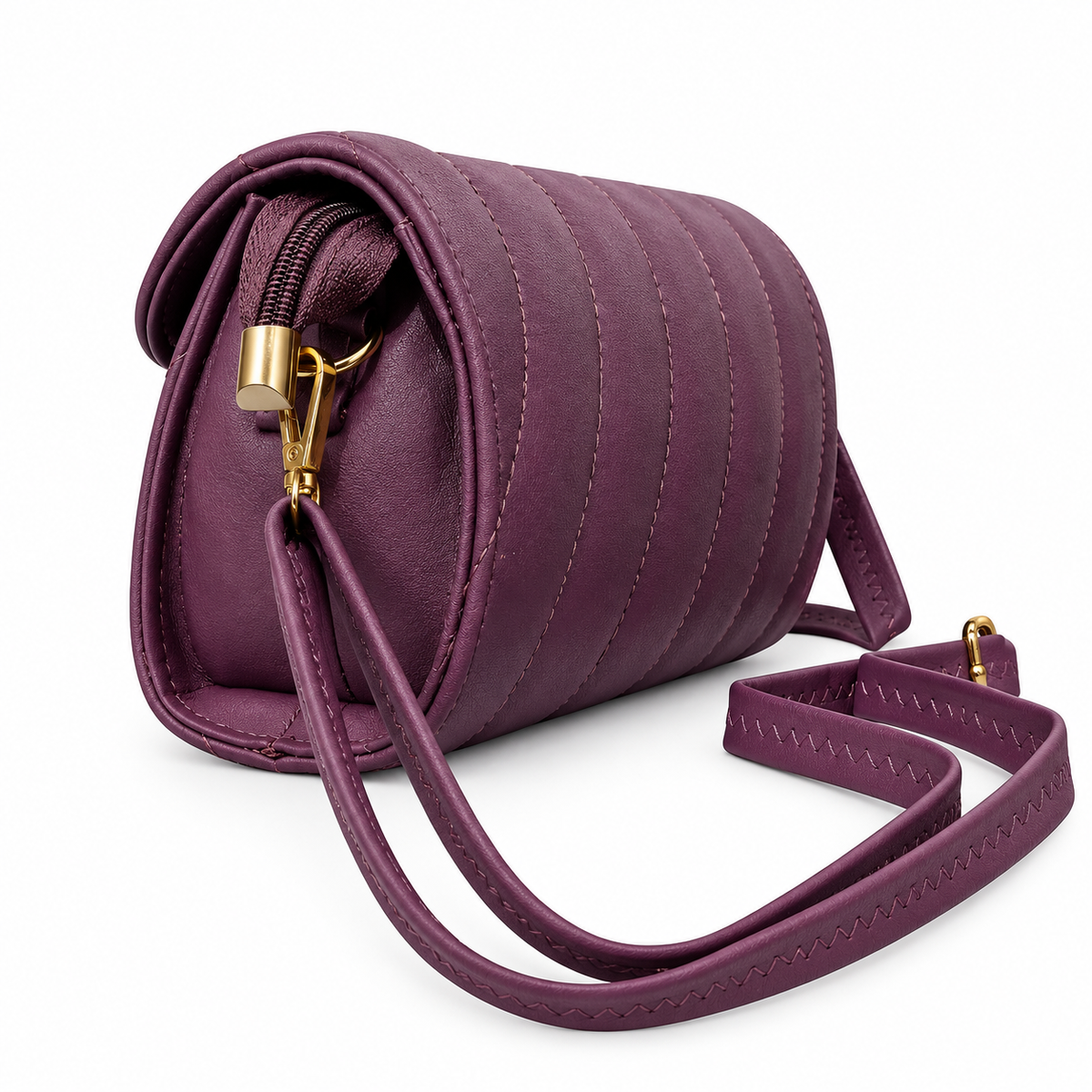 Elegant Purple Quilted Sling / Handbag with Gold-Tone Lock & Adjustable Strap for Women