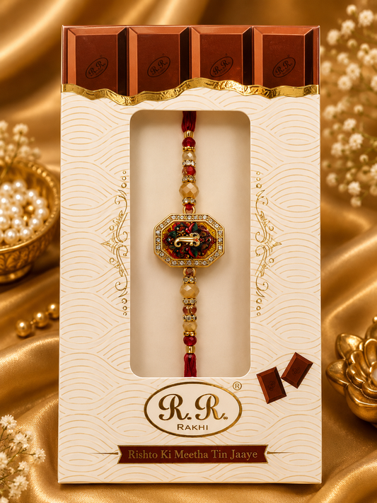Premium Ganesh AD Rakhi with Heavy Metal Pendant & Chocolate Shape Box