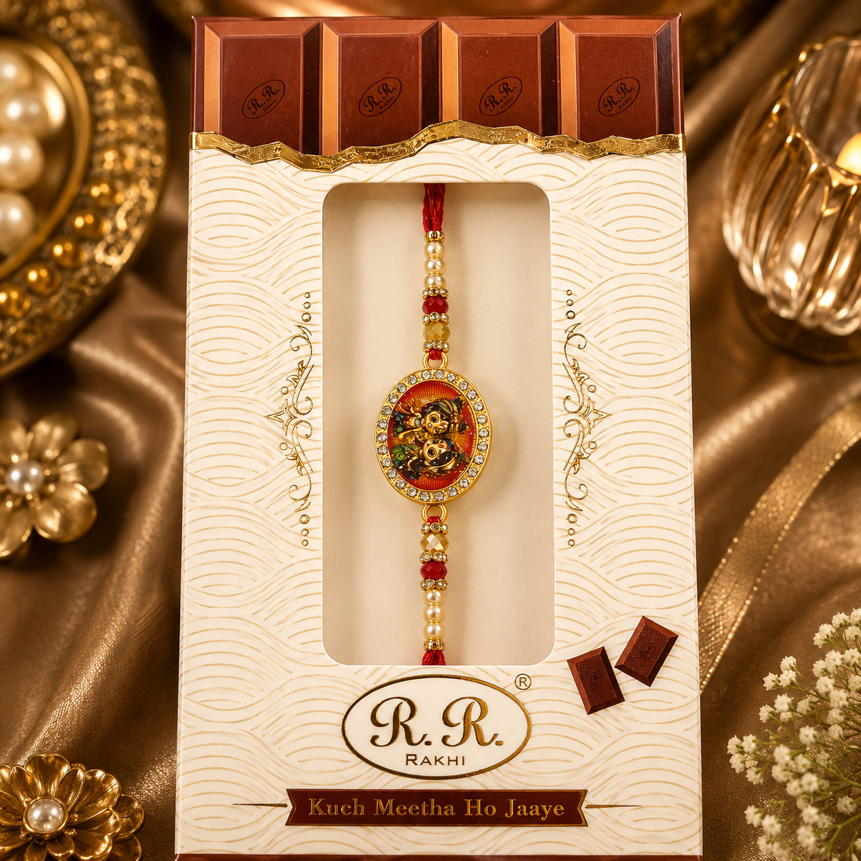 Luxury Brother Rakhi Gift Set – Heavy Metal Pendant with Choclate shape box radha Krishna heavy ad charm