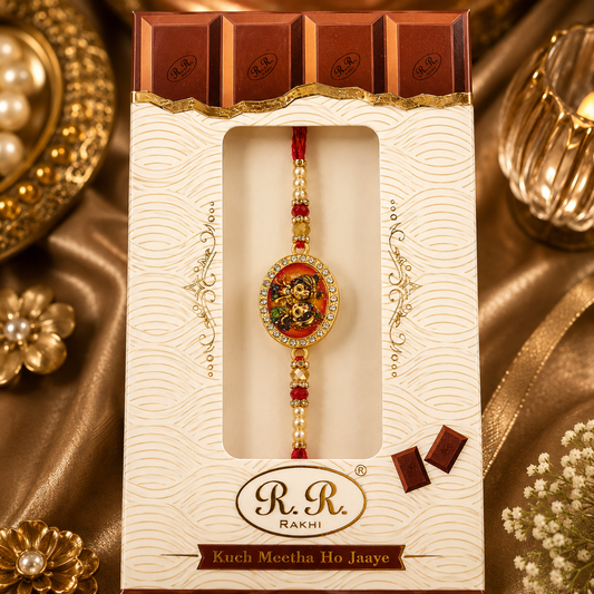 Luxury Brother Rakhi Gift Set – Heavy Metal Pendant with Choclate shape box radha Krishna heavy ad charm